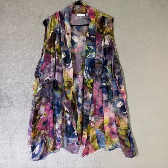 Susan Graver 2X Sleeveless Open Front Cardigan Vest Sheer Chiffon Floral - Picture 2 of 9